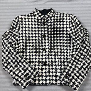 Kasper A.S.L. Blazer Womens 4 Black White Wool Houndstooth Stand Collar Cropped